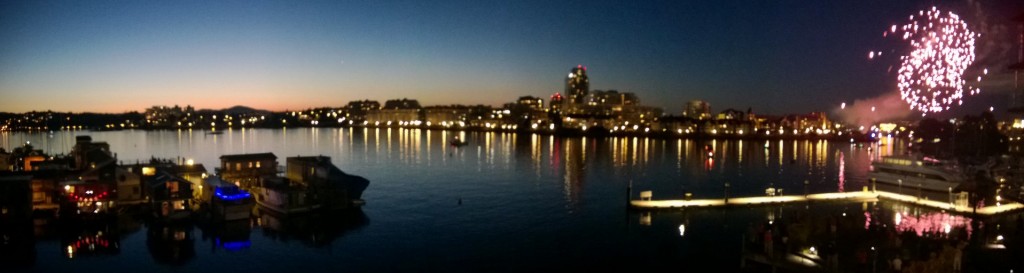 Skyline of Victoria BC with Canada day fireworks